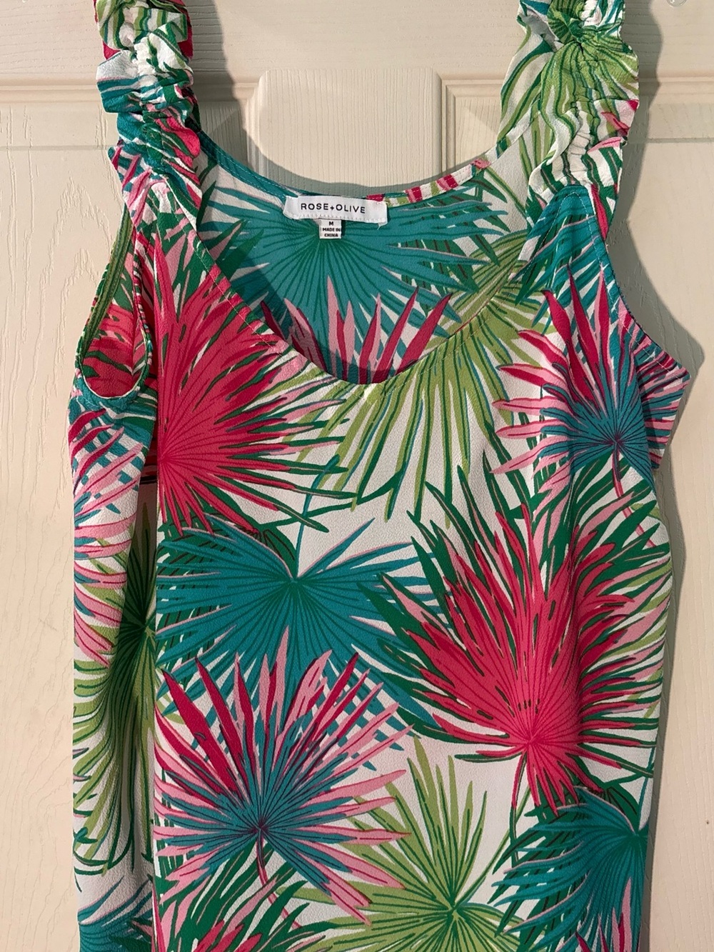 Rose & Olive Tropical Palm-Print Tank Top in Teal, Pink & Green - Size Medium